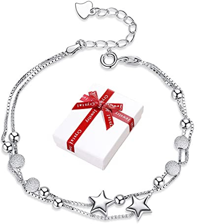 Liitata Stars Chain Bracelet 925 Sterling Silver Mini Stars Beaded Charm Bracelets Adjustable Layered Friendship Link Bracelet for Women Girls Girlfriend Birthday Gifts Souvenir Style 3