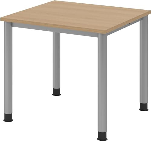 bümö höhenverstellbarer Schreibtisch H-Serie 80x80 cm in Eiche, Gestell in Silber - PC Tisch klein für's Büro manuell höhenverstellbar, Computertisch verstellbar