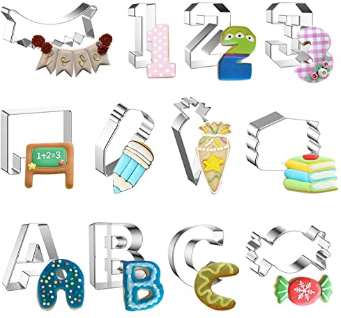 DPKOW 12pcs Schulanfang Ausstechformen Set, Edelstahl Einschulung Cookie Cutter Schuleinführung Keksausstecher, Schulanfang Plätzchen Bonbons Fondant Backen Formen, Zuckertüten ABC 123 Stift Buch
