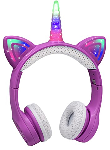 YUSONIC Einhorn Kopfhörer Bluetooth, Kabellos Over-Ear Headset mit LED-Beleuchtung, Stereo Sound, Mikrofon. (blaurot)