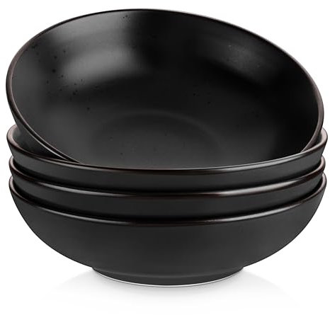 vancasso MODA Cuencos de Pasta Set de 4, 22,3 x 6,3 cm Plato Hondo Sopa de Gres, Tazón de Pasta de 45 oz, Fuente Ensaladera Grande, Apto para Lavavajillas, Microondas y Horno, Negro Mate
