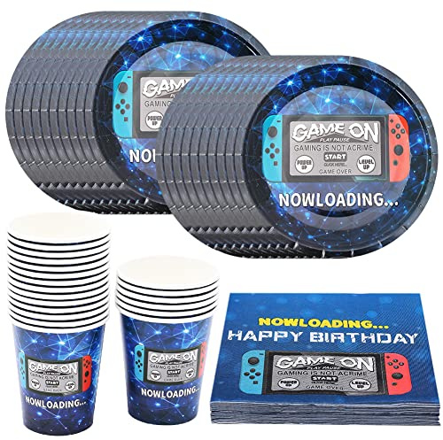 MEZHEN Videogiochi Stoviglie per Feste di Compleanno Decorazioni Gioco Stoviglie per Compleanno Piatti Bicchieri di Carta Tovaglioli 20 Ospiti