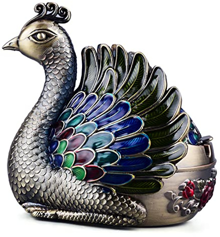 K COOL Peacock Metal Ashtray with Lid, Windproof Portable Cigarette Ashtray for Indoor or Outdoor Use, Ash Holder for Smokers, Desktop Smoking Ash Tray for Patio Porch Reception Decoration (Bronze)