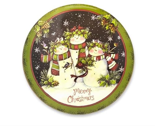 Alzata per Dolci Natale Natalizia di Plastica con Decoro, Diametro Piatto 29 Centimetri, Fantasia Pupazzi di Neve con Bordo Verde e Merry Christmas