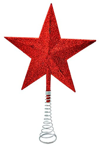 Acan Tradineur - Estrella para árbol de Navidad 5 Puntas con Muelle - Fabricación en Metal y plástico - Accesorio Decorativo de Navidad - Color Rojo - 14,5 cm