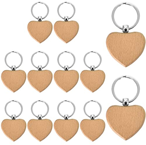 Colexy 12 Stück Buche Holz Schlüsselanhänger DIY Blanko zum Bemalen Basteln, Schlüsselring für Damen Männer Holzanhänger Hängende Dekoration für Handtasche Geldbörse Mobile (Herz)
