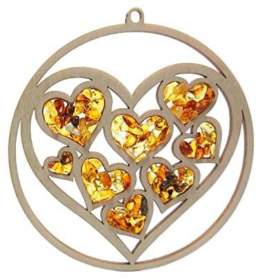 Fensterbild Fensterdeko Sonnenfänger Suncatcher Bernstein in Birkenholz Herzen im Herz Ø 11, inkl. Geschenkverpackung