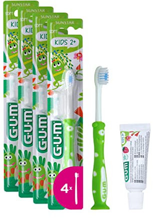 GUM Spazzolino da denti per bambini, per bambini dai 2 ai 6 anni, testa imbottita piccola|setole morbide |misura dentifricio| impugnatura antiscivolo|ventosa |1 pezzo|4 x 1 pezzi (con 1campione bonus)