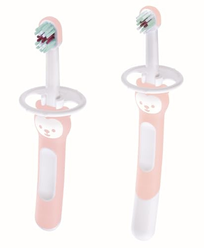 MAM Lär dig att brush Set C151 - Set med två tandborstar: Långt handtag och kort handtag, med säkerhetsring, för spädbarn från 6 månader, Rosa, 2 st