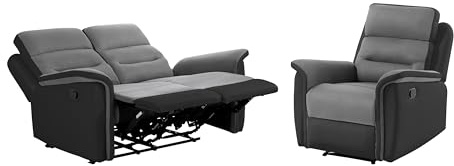 LOUNGITUDE - Leon - Canapé de Relaxation, Ensemble 2 +L1 Places - Manuel - en Simili/Microfibre - Gris/Noir