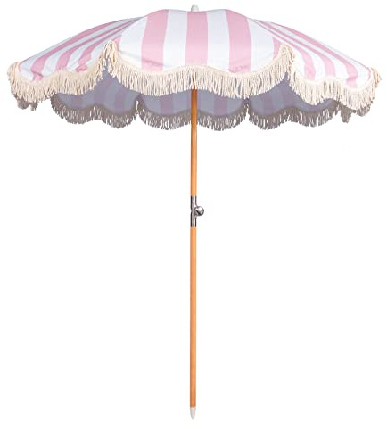 Mansader 2M Boho Strandschirm mit Fransen, UPF 50+ Quasten-Schirme mit Tragetasche, Premium-Holzstange, faltbarer Terrassenschirm für den Außenbereich, Garten, Rasen, Hof, Tisch, Rosa