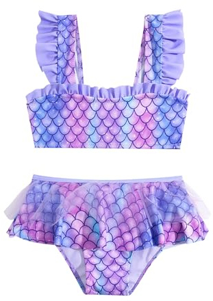 SERENYOU Mädchen Bikini Set Rüschen Bustier Bikinislip Meerjungfrau Zweiteiliger Badeanzug Violett 122-128 (Herstellergröße 5-6)