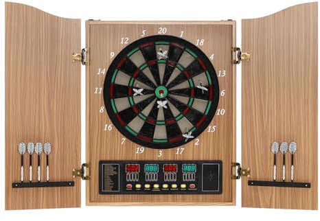 Dartautomat, Dartscheibe Elektronisch mit 4 LED-Anzeigen, 27 Kategorien Spiele (Enthält 243 Unterkategorien), Elektronische Dartscheibe Schrank Set bis zu 16 Spieler, Gelb