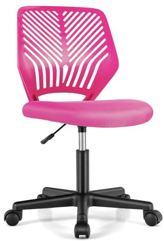 COSTWAY Kids Desk Chair, Ergonomic Task Study Chairs with Universal Casters, Padded Seat, Adjustable and Swivel Armless Chair for School Home Office (Pink)