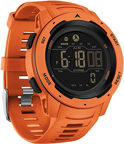 Step Counter Fitness Tracker Watches for Men, Men's Digital Sports Yellow Watch IP68 Waterproof with Pedometer Calorie Dual Time Countdown Stopwatch, Tactical Military Outdoor Survival Hiking, Orange,