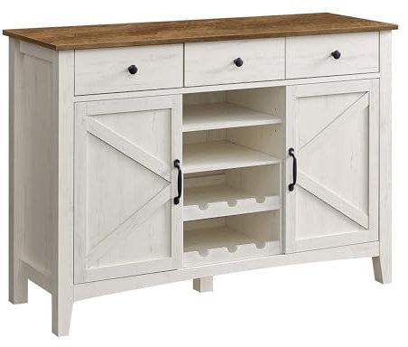 VASAGLE Küchenschrank mit herausnehmbarem Weinregal, Sideboard mit Schubladen und Türen, verstellbare Ablagen, Landhausstil, für Wohnzimmer Küche Esszimmer, vintageweiß-honigbraun BBK371W02
