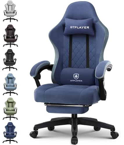 GTPLAYER Ergonomisk spelstol med tygyta, fjäderbelastad sittdyna och anslutande armstöd och fotstöd, Mörkblå