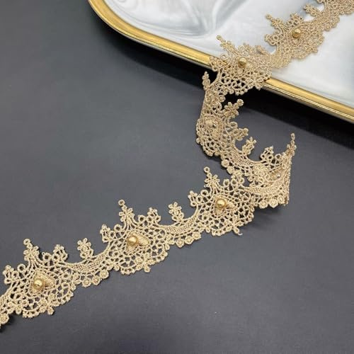 Whakano 10 Yards Stickerei Spitzenband Gold,Retro Spitzenbordüre Mit Perle Geschenkband Zierband,Dekoband Spitzen Borten Bänder zum Tischdeko,Hochzeit,Nähen Handwerk,Kleidung Deko,D,4,3cm