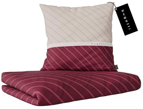 bugatti Bettwäsche 135 x 200 cm - 100% Baumwolle, Reißverschluss, anschmiegsam, weich & waschbar, Mako Satinbettwäsche gestreift dunkelrot beige