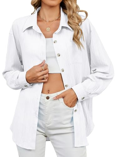TMEOG Hemdbluse Damen Hemd Langes Blusen Hemdjacke Langarm Overshirt Musselin Bluse mit Kargen, Lässig Oberteile Herbst Blusenshirt Oversize Longbluse Langarmshirt für Damen(Weiß,M)