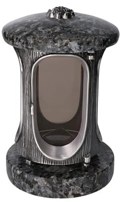 Elegante lanterna per tomba, in granito, altezza 23 cm, diametro 15 cm, argento con rosetta