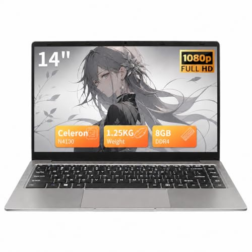 UDKED 14 Inch Lightweight Laptop, Celeron N4100, 8GB RAM 128GB SSD, 1080P FHD IPS Display, 180° Open, Ultra-Slim 1.25kg Notebook with UK Keyboard Cover,Laptop for Students