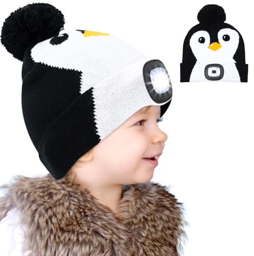 Lets Joy Mütze mit LED Licht Kinder, Weihnachten Mütze mit LED, Wintermütze Kinder, USB Wiederaufladbare Niedlich Winterwarm Strickmütze, Pinguin Schneemann Hirsche Wintermütze Geschenk