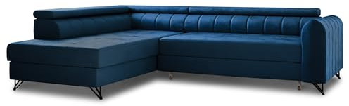 Ecksofa Alice mit Schlaffunktion und Bettkasten, Wohnlandschaft mit einstellbare Kopfstützen, Couch, Sofa, Bettsofa, Schlafsofa (Blau (Kronos 09), Ecksofa Links)