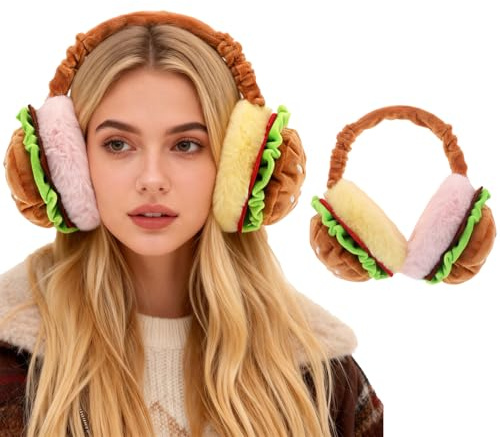 Beavorty Winter Ear Muffs Faux Fur Ear Warmers Windproof Plush Cartoon Hamburger Ear Warmer Fluffy Earmuffs Outdoor Ear Cover Skiing Accessories for Cold Weather Outdoor Sports Running Cycling