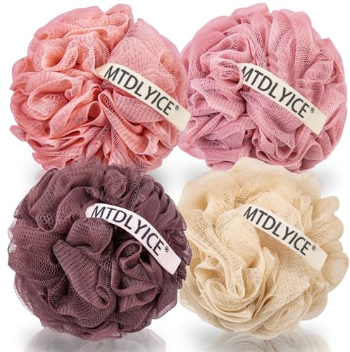MTDLYICE Lot de 4 grandes éponges en luffa XXL - 100 g - En maille douce - Pour homme - Pour gommage corporel - Accessoires de bain - Pour le corps et le savon (sol rouge)