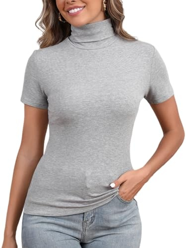 Enjoyoself Maglione Maniche Corte in Cotone Collo Alto Pullover Elegante a Maglieria-Grigio/M