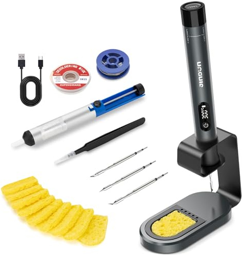 JINDUN Lötkolben Set, Portable Lötset mit LED-Display Einstellbare Temperatur 200–450°C, 3 C210 Lötspitzen, Elektronik Akku Lötkolben Schnelles Aufheizen für Reparaturen, Löten & Entlöten