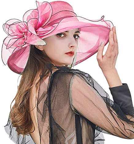 Organza Hut Damen Breite Krempe Sommerhut Strandmütze, elegant Frühling und Sommer, mit großem Rand Sonnenhut für Strand, Hochzeit, Hut