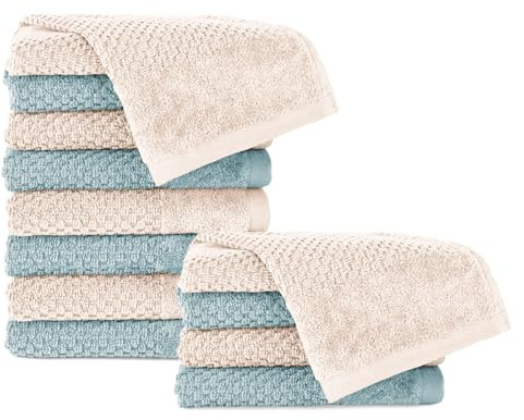 Pure Label Gästehandtücher 12-TLG 12x30x50, Creme | Türkis | weich, saugstark, 100% Baumwolle & OEKO-TEX, mit Schlaufe