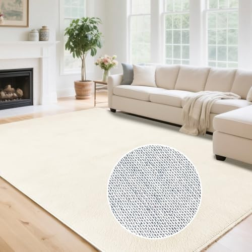 HiChiclife Flacher Kurzflor Teppich Creme 160x220 (ca. 0,5 cm) – Waschbar & rutschfest mit TPE – Leicht, weich & ideal für Saugroboter & Alltag