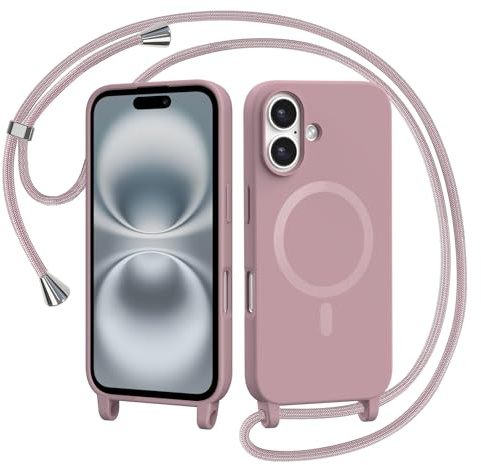 AOMYKE Coque Magnétique pour iPhone 16 avec Cordon, Compatible avec MagSafe Collier Étui Silicone Liquide avec Tour de Cou Lanière en Corde Souple TPU Antichoc Housse, Rose