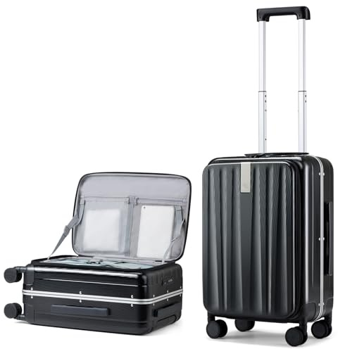 Hanke Handgepäck Koffer PC Hartschalenkoffer mit 360° Spinner Rädern Frontöffnung Reisekoffer Aluminium Koffer mit TSA-Lock 49x35,1x23,5 cm (40L), Schwarz