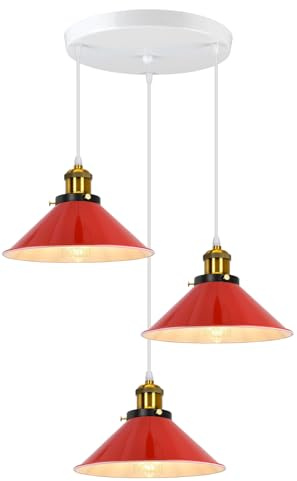 Pendelleuchte 3 Flammige Hängeleuchte Vintage Industrielle Hängelampe E27 Deckenleuchte Retro Design Lampenschirm 220mm Edison Lampe für Küche Esszimmer Schlafzimmer Flur (Rot-eine Basis 30cm)