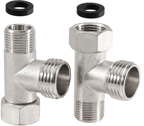 2er T-Stück Verteiler für Eckventile 3/8 Zoll auf 1/2 Zoll - Messing 3 Wege Ventil Drehbare 3/8 IG Überwurfmutter und 3/8 AG & 1/2 AG ohne Muttern | Anschlussventil für WC, Waschmaschine, Küche