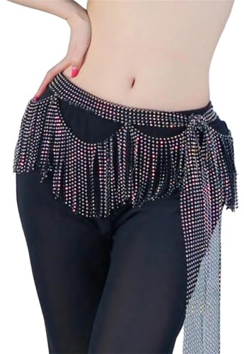 Bufanda de cadera con borlas de diamantes de imitación brillantes para mujer, para danza del vientre y cinturón de cadena de rendimiento