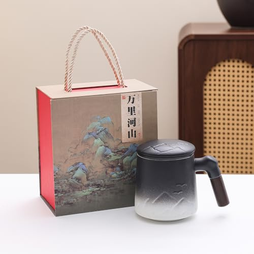 RecontraMago Taza ceramica artesanal con colador interno tapa y asa diseño oriental premium matcha negro colores variados set regalo lujo te infusiones cafe minimalista japonesa caja elegante (NEGRA)