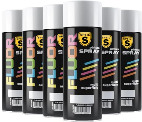 SPSIL Pintura Spray Brillante Blanco Fluor(pack of 6) 200ml, Metal Secado RápidoPintura Profesional Interior Exterior, Aplicación Fácil en Madera Plástico, DIY Decoración Muebles Automóviles