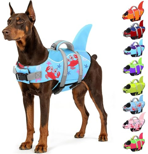 AOFITEE Schwimmweste Hund XL, Verstellbar Hai Hundeschwimmweste Rettungsweste Mit Griff und Reflektierend, Hohe Flotation Rettungsweste für Große Hunde Schwimmweste Labrador Dog Life Jacket, Blau, XL
