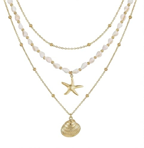 Collar de estrella mar y concha para mujer, collares de perlas chapado en oro 14K, Elegante collar colgante largo varias capas, estilo playa verano, collares con moda para vacaciones en la playa
