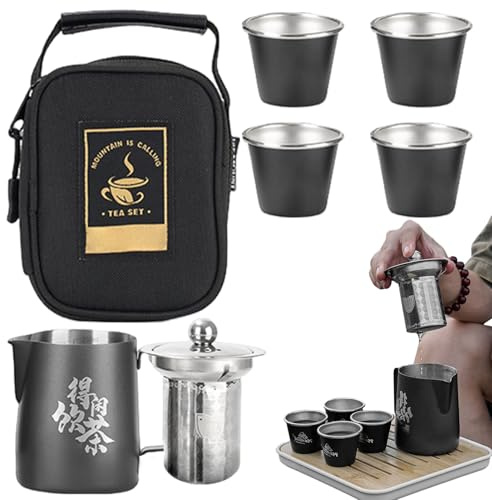Service à thé de voyage avec étui, service à thé - Théière en acier inoxydable avec tasses à | Sac de voyage ensemble de cérémonie du Portable pour sac à dos Camping randonnée café