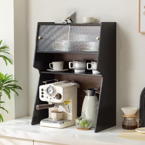 forestalk Organizador de barra de café de bambú, armario soporte de tazas multicapa para encimera, soporte de estación de té y café, estante de almacenamiento de cocina para tazas