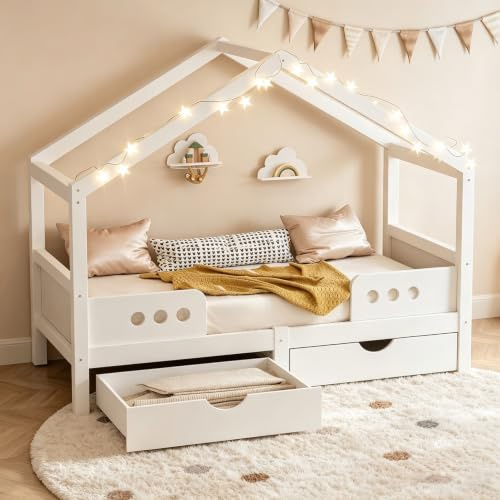 Calivra Kinderbett mit Dach 90x200 cm Weiß - Hausbett mit 2 großen Schubladen, Tafel am Kopfteil, stabiles Holz+MDF Gestell, Belastbar bis 120 kg, Ohne Matratze