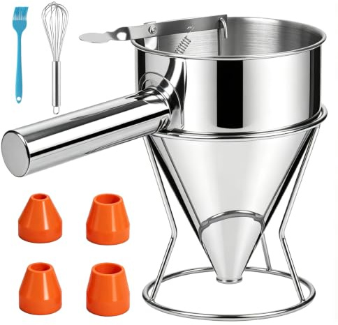 Scoop Pancake Dough Dispenser 1.2 L with Whisk and Silicone Brush with 4 Nozzles and Stand for Pancakes, Waffles and Cupcakes
