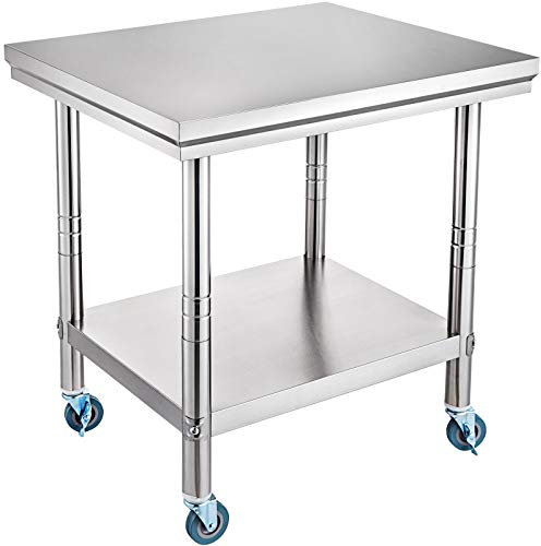 VEVOR Tavolo da Lavoro in Acciaio Inox Piano di Lavoro per Cucina di Lavoro Professionale a 4 Ruote per La Preparazione di Alimenti (76X60X80 cm)