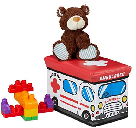 Relaxdays Spielzeugkiste faltbar, Krankenwagen, Aufbewahrungsbox m. Stauraum & Deckel, gepolstert, HBT 27x40x25 cm, weiß